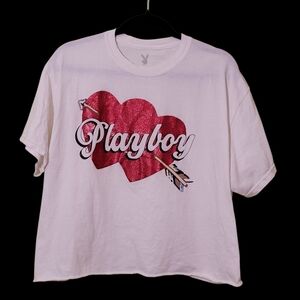 PLAYBOY White Tee with Glitter Pink Heart and Arrow Graphic